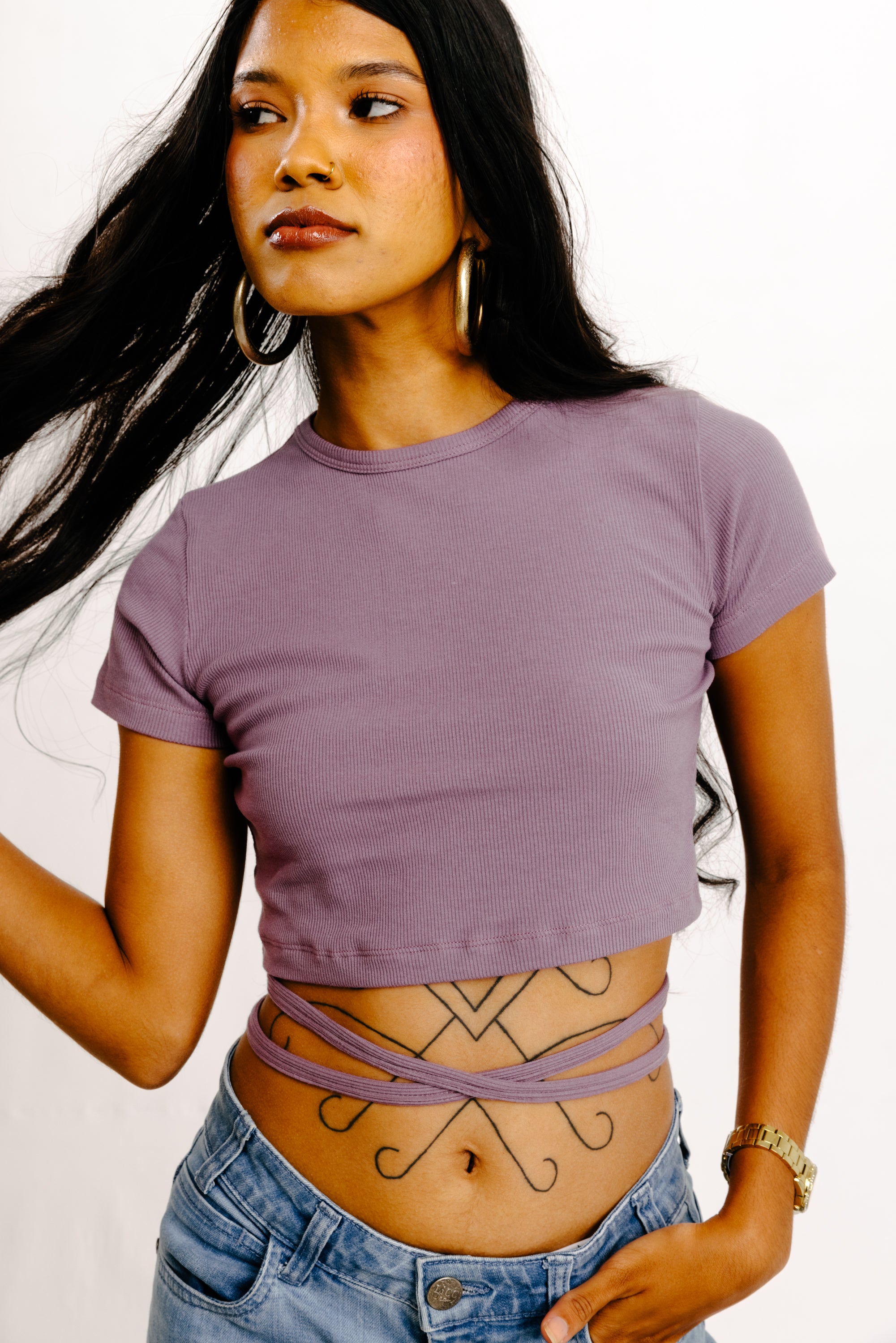 Crew Neck Crop Top with Front Strap