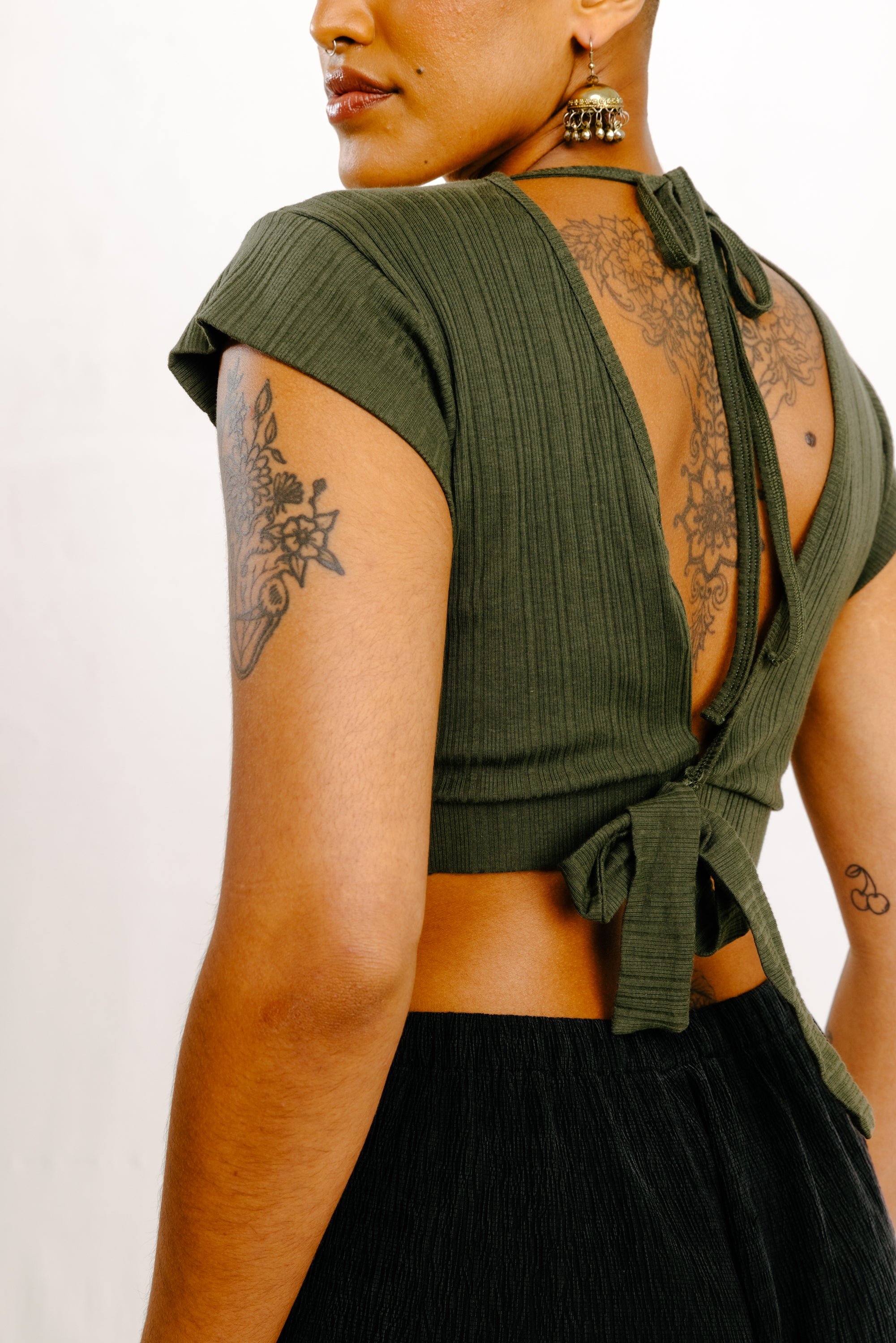 V Neck Wrap Crop with Back Tie Back Detail