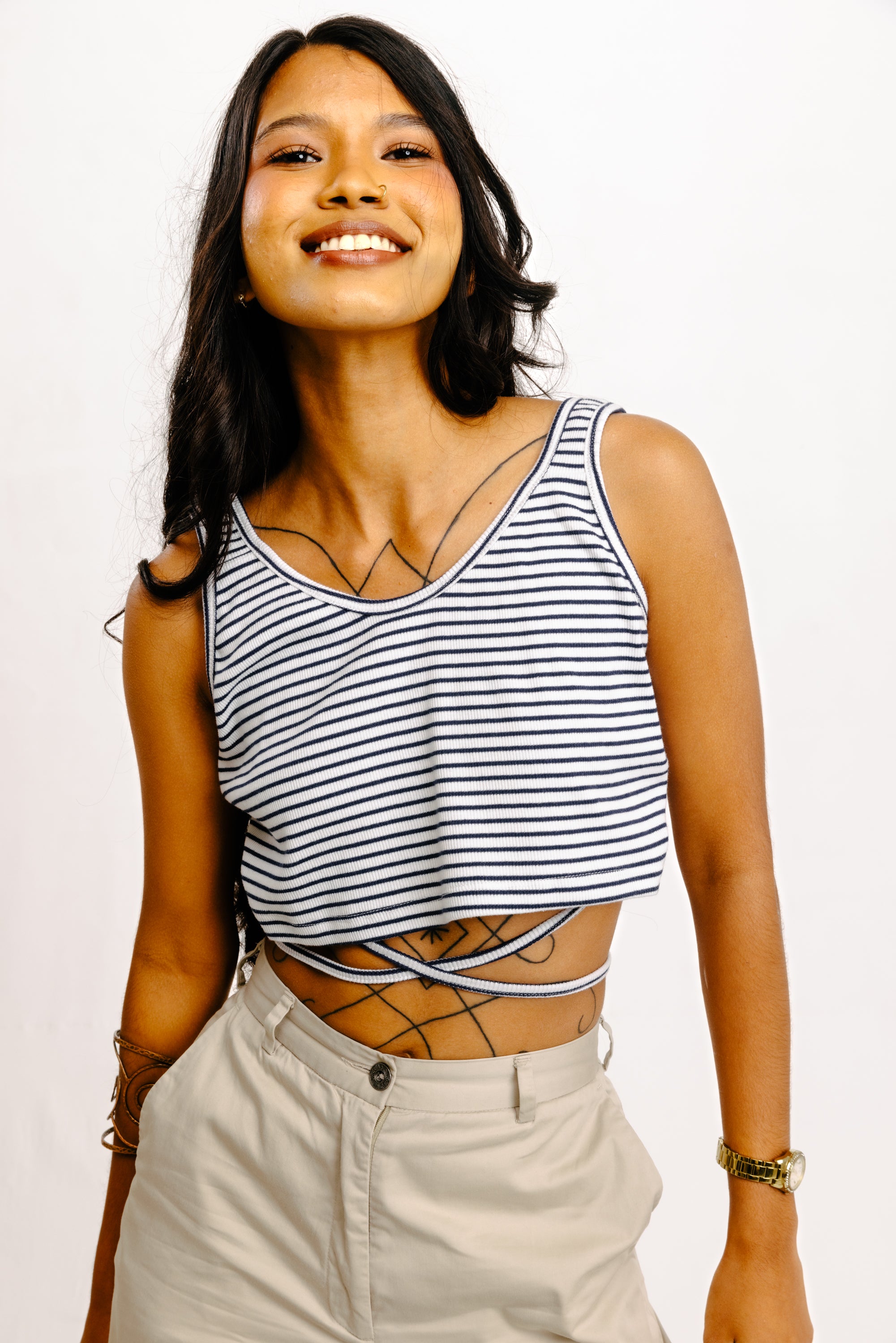 Striped Swoop Neck Crop Top with Front Strap
