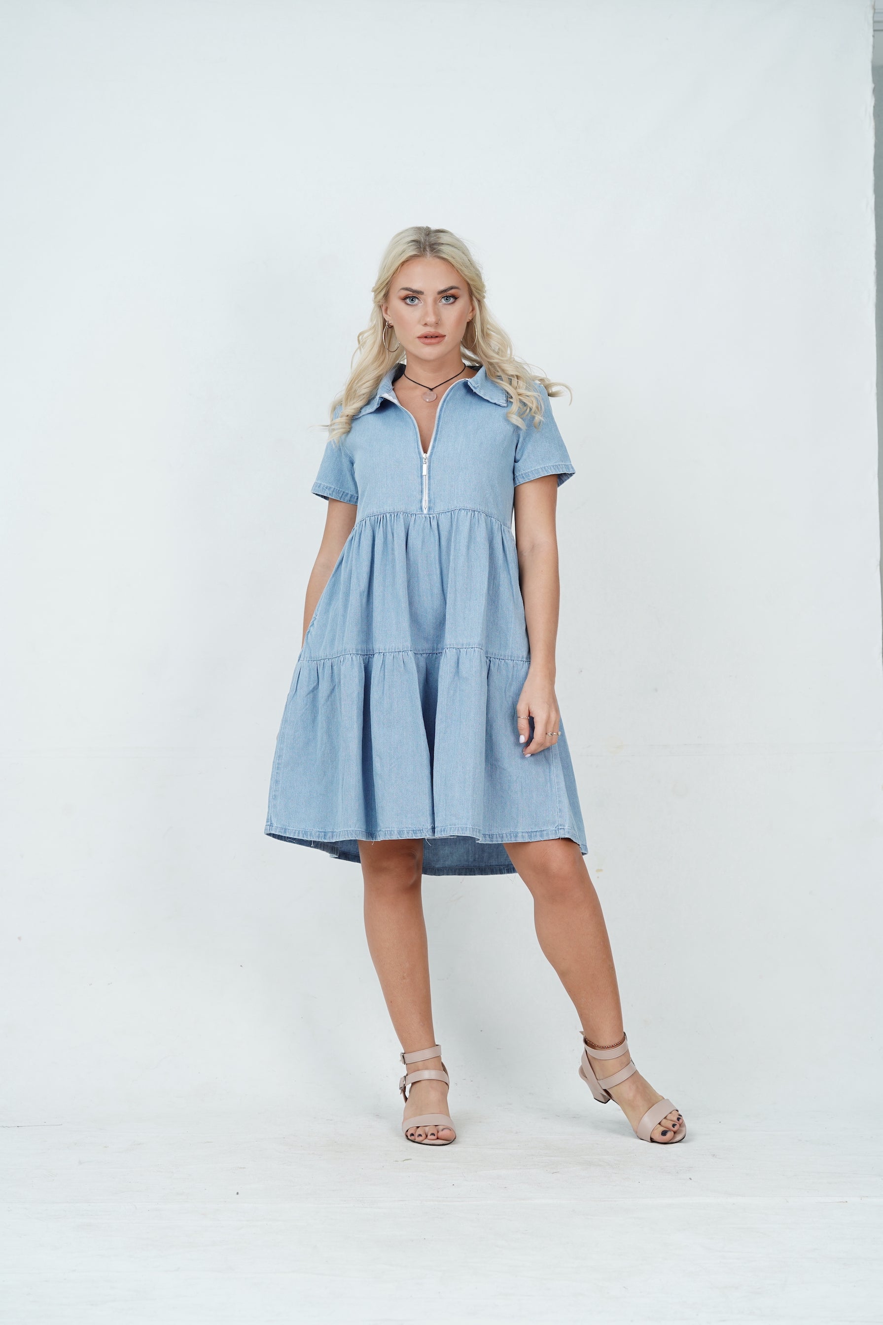 Front Zip Detail Denim Midi Shirt Dress